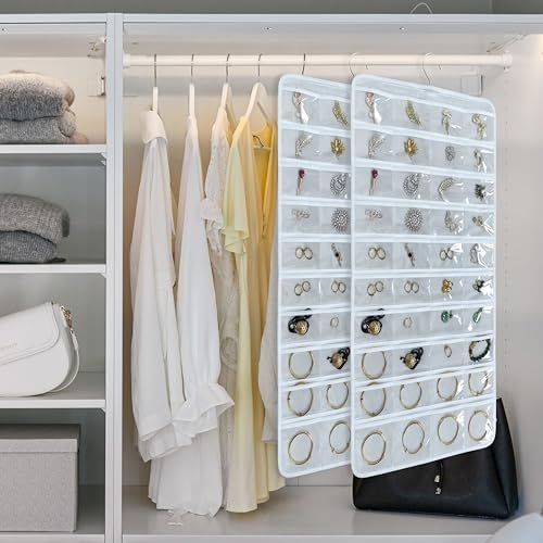 80 Pocket Hanging Jewelry Organizer with Hanger Metal Hooks Storage On Wall Door Closet Double-Sided(Each Side 40 Pockets) Jewelry Holder for Earrings, Necklaces, Rings (White+White) - Image 4