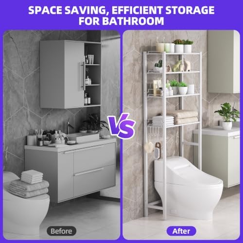 KMwisde 4 Tier Over The Toilet Storage, Bathroom Organizer Shelves with Adjustable Height, Above Toilet Storage Cabinet with Freestanding Rack, White - Image 3