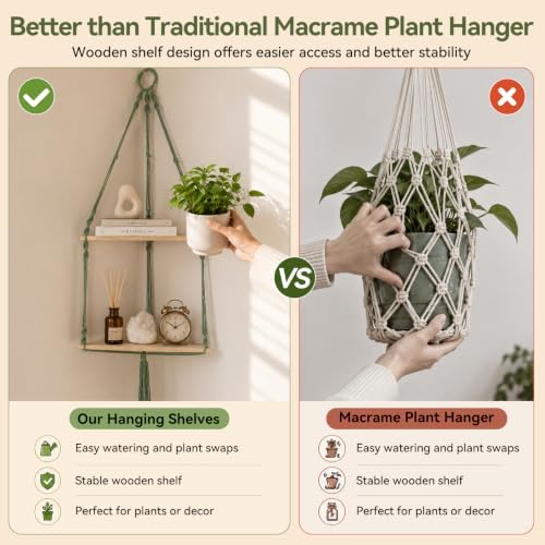 Artilady Corner Shelf Macrame Wall Hanging, Adjust Boho Storage Art, 2 Tier - Image 6
