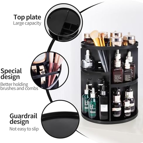 seinlife 360 Rotating Makeup Organizer,DIY Adjustable Spinning Holder,Foldable Cosmetic Storage Display box,Large Capacity Make up Caddy Shelf,Fits Countertop Vanity and Bathroom (BLACK) - Image 5