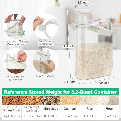 TBMax Rice Container Cereal Storage Container 2 Pack 3.2-Quart, Kitchen Pantry Dry Food Storage Holder with Easy-Pouring Spout & Handy Cup, Small Pet Dog Cat Food Dispenser for Daily Feeding - Image 2