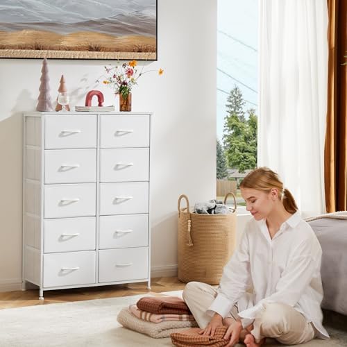 Sweetcrispy 10 Drawer Fabric Dresser Tall Chest Storage Organizer,White - Image 2