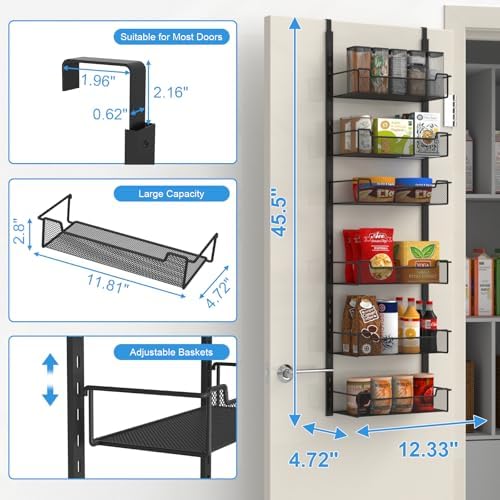 VyGrow 12.3" W Narrow Over the Door Pantry Organizer, 6-Tier Over the Door Organizer with Adjustable Basket, Pantry Door Organization for Pantry Kitchen Storage Room Spice Rack, Black - Image 3
