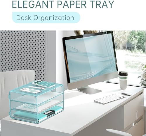 DALTACK 3 Tier Letter Tray Paper Organizer with Sliding Mesh Trays Blue - Image 5