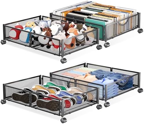 Yecaye Under Bed Storage with Wheels, 4 Pack Under Bed Shoe Storage, Black by Yecaye