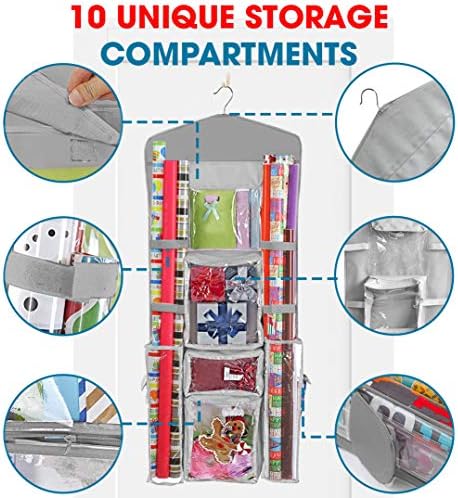 ProPik Hanging Double Sided Christmas Gift Wrapping Paper Storage Organizer With Multiple Pockets Organize Your Gift Wrap, Gift Bags Bows Ribbons 40"X17" Fits 40 Inch Rolls Clear PVC Bag 1 Unit (Grey) - Image 3