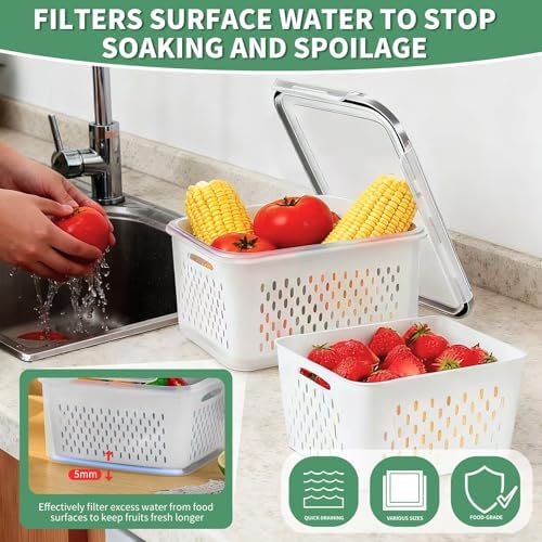 3 Pcs Fruit Containers for Fridge, Strawberry Storage Containers for Fridge, Food Storage Container with Airtight Lid, Removable Colander Basket for Rinsing and Draining, Keep Produce Fresh Longer - Image 2
