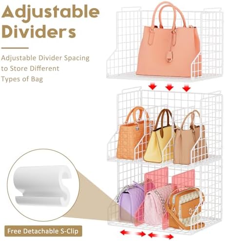 Sonyabecca Purse Storage Organizer for Closet : Adjustable 3-Pack Dividers Handbag Organizer - Stackable Wire Handbags Storage Baskets -Open Cabinets Wallets Tote Chain Bags Clutches -White - Image 3