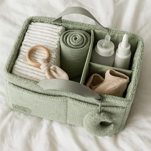 Orelle Bouclé Diaper Caddy Organizer with Matching Pouch & Moon Pendant | Teddy Portable Changing Table Organizer | Sage Green Diaper Caddy | Must-Have Baby Shower Gifts | Sage Green - Image 3