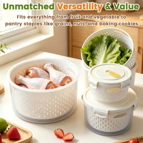 8 Pieces Airtight Fruit Storage Containers for Fridge with Air Circulation Vent, 4 Pack Round Produce Saver with Colander for Berry Lettuce Salad Vegetable Storage, Refrigerator Organizers -White - Image 4