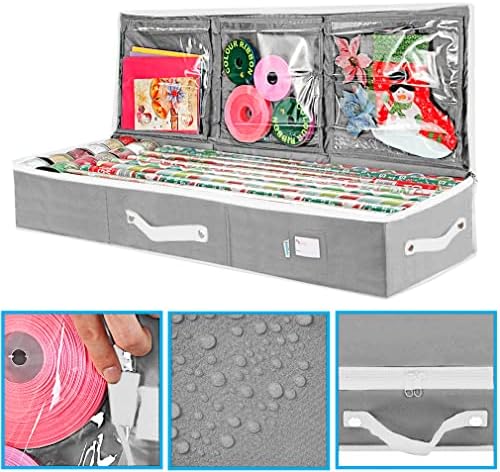 Wrapping Paper Storage Container | Gift Wrap Organizer Under Bed 41”x14”x6” Box Holder for 18-24 Rolls Up to 40” | 600D Oxford Material | Pockets for Ribbon Bows (Grey) - Image 4