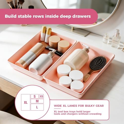 [6 PCS Extra-Large] Pink Drawer Organizer Trays with Non-Slip Pads, Interlocking Storage Bins for Vanity, Desk, Bathroom, Kitchen, Home Office and Utility Drawers - Image 5