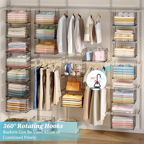 3-Pack Hanging Laundry Room Organizaton：Foldable Laundry Basket Wire Basket with 360°Rotating Hooks Small Space Organization Over Washer and Dryer Shelves - Hanging Closet Organizer, Black Patent - Image 4