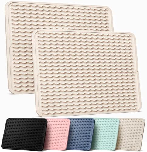 2 Pack Silicone Dish Drying Mat for Kitchen Counter Waterproof Place mats Sink Protector Stove Top Organizer Cooking Appliance Trays Dryer Rack Drainers Items Large 18"x16" Beige by AOTASO