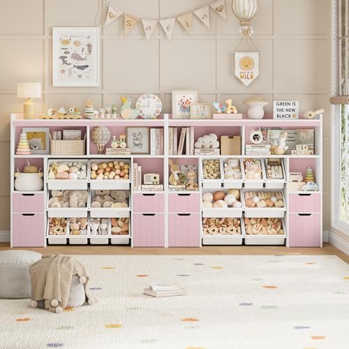 HORSTORS 55" W Toy Storage Organizer, Large Kids Bookshelf, Toy Box, Pink - Image 4