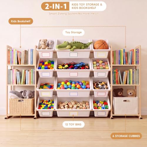 Toy Storage Organizer with 6 Shelves and 12 Removable Storage Bins, Bookshelf/Bookcase, Kids Bin Shelf, Toys Box for Playroom Organization for Bedroom & Room - Image 4