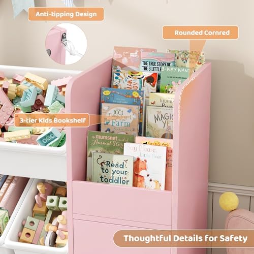 55'' Toy Storage Organizer & Kids Bookshelf with Large Wood Toy Chest, Pink - Image 3