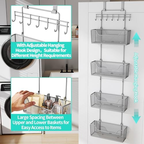 HapiRm Over The Door Organizer - Hanging Door Organizer with 4 Metal Large Capacity Baskets and Adjustable Coat Hook for Bathroom Bedroom Kitchen Pantry Closet Cabinet - Image 7