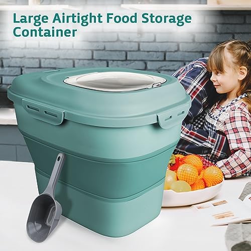 Komzon Rice Storage Bin Cereal Containers, 13-50lb Collapsible Rice Container Dispenser with Transparent Lid, Rolling Wheels, Measuring Cup and Scoop, Airtight Dog Cat Pet Food Storage Container Green - Image 6