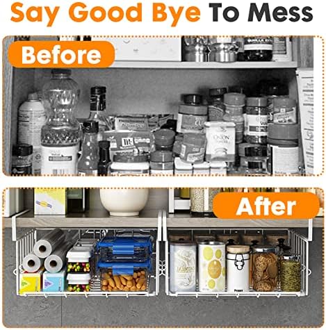 Hanging Under Shelf Storage Basket, 2 Pack Foldable Under Cabinet Metal Desk Storage Wire Rack Organizer for Kitchen Pantry Bookshelf Office Home, Easy to Install Slide-in Under Shelves (White) - Image 2