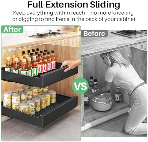 Pull Out Cabinet Organizer with Nano Adhesive, Heavy Duty Full-Extension Slide-Out Drawer for Kitchen Cabinet Organizers and Storage, No Drill Roll out Pantry Shelf, 18.5"W x 16.9"D x 3.1"H , Black - Image 3