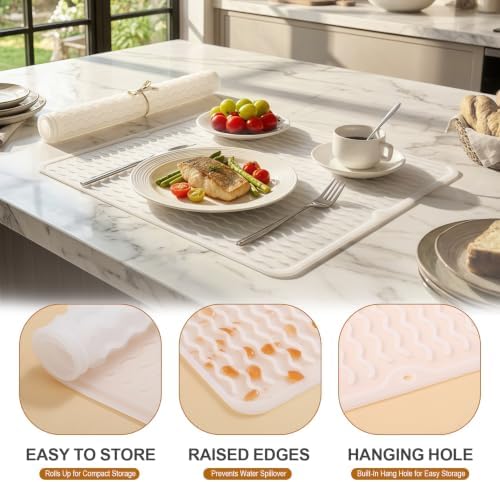 2 Pack Silicone Dish Drying Mat for Kitchen Counter Dining Placemats Coffee Bar Accessories Waterproof Pet Litter Dog Food Supplies Laundry Room Organization Large 18"x16" Transparent - Image 2