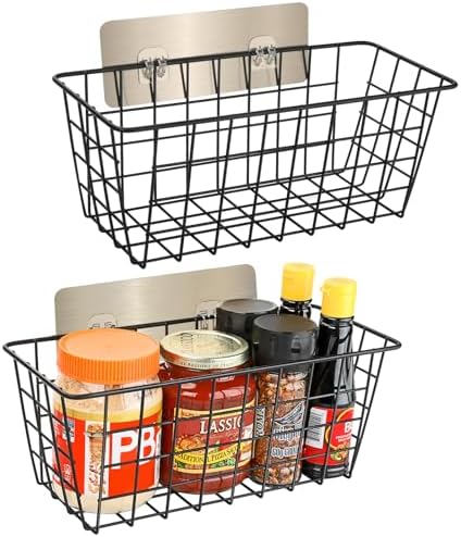 2 Pack Hanging Wall Basket Wire Storage Baskets, Adhesive Basket for Cabinet Door Organizer No Drilling, Hanging Fruit Baskets for Kitchen, Pantry Organization, Bathroom, Black by Ptinyiv