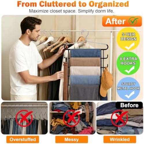 HEYHOUSE 3 Pack Heavy Duty 5-Tier Metal Pants Hangers Space Saving - Image 3