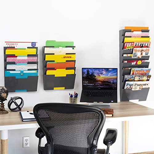 Wallniture Lisbon 15-Tier Wall Mounted File Holder and Desk Organizer, Metal Gray Office Organization and Storage Rack - Image 2