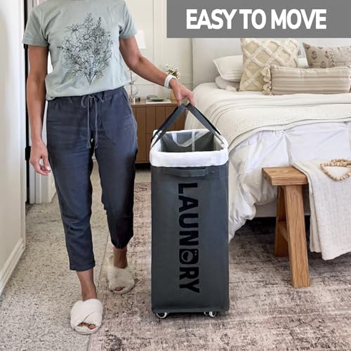 Goodpick 2-Pack Laundry Basket with Wheels & Wash Bag, Hamper for Dorm, 75L - Image 5
