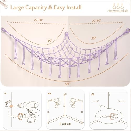 YKBU Stuffed Animals Hammock Corner Hanging Net for Macrame Stuffed Animal Storage Plush Toy Holder Toy Organizer for Boho Nursery Playroom Bedroom (purple, Large) - Image 5