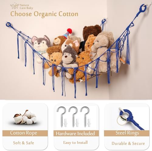 YKBU Stuffed Animals Hammock Corner Hanging Net for Macrame Stuffed Animal Storage Plush Toy Holder Toy Organizer for Boho Nursery Playroom Bedroom Kids Room Decor (blue, Large) - Image 3