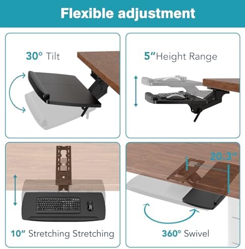 Keyboard Tray Under Desk with Storage Drawer, Height Adjustable Keyboard Tray Slide Out 360° Swivel Tilt, Ergonomic Under Desk Mount Keyboard & Mouse Holder for Gaming Home Office - Image 4