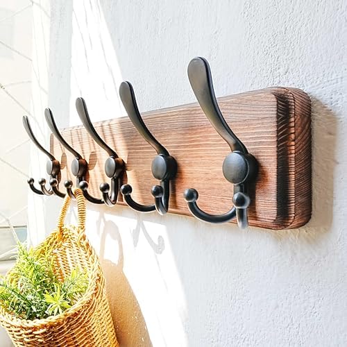 Dseap Coat Rack Wall Mounted - 5 Tri Hooks, Heavy Duty, Wooden Wall Coat Hanger Coat Hook for Clothes Hat Jacket Clothing, Natural & Black - Image 6