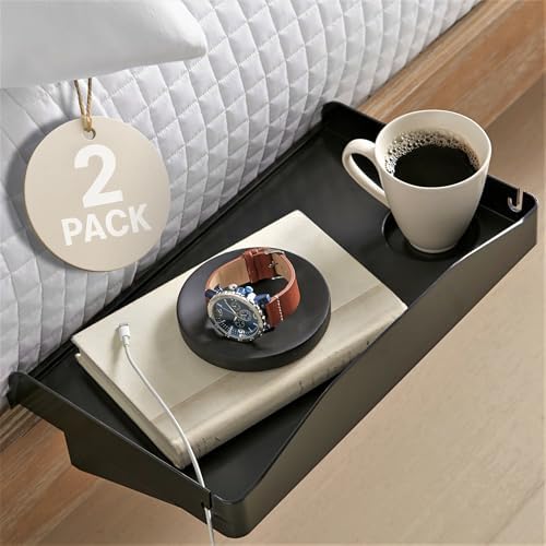 Modern Innovations 2 Count Bedside Organizer for Bed – Clip On Tray with Cup & Cord Holder – for College Dorm, Top Bunk, or Kids Bedroom (Black) by ModernInnovations