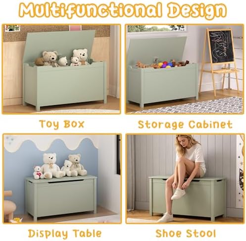 Kids Toy Box Chest, Large Wooden Storage Trunk Bench with Safety Hinged Lid for Ages 3+ Sage - Image 5