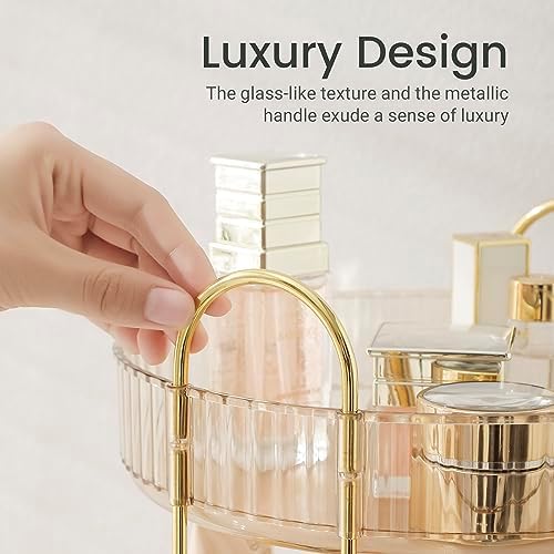 Aveniee Rotating Makeup Organizer for Vanity, Premium Solid Metal Pole Sturdy Construction, Perfume Storage for Bathroom Countertop, Clear Spinning Counter Shelf Cosmetic Holder for Dresser,Gold - Image 2