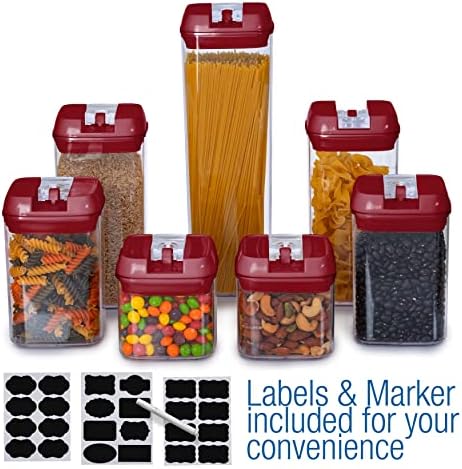Set of 7 Airtight Food Storage Containers - Pantry Organizer Bins, BPA Free Plastic Containers plus Dry Erase Marker and Labels, Red - Image 4