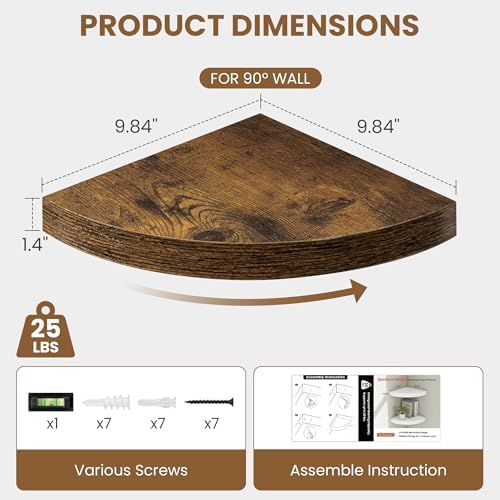 Fun Memories Floating Corner Shelves Set of 2 - Rustic Wood Wall Mounted Storage and Display Shelves for Living Room, Bedroom, Kitchen, Bathroom - Space Saving Home Decor, Brown - Image 3