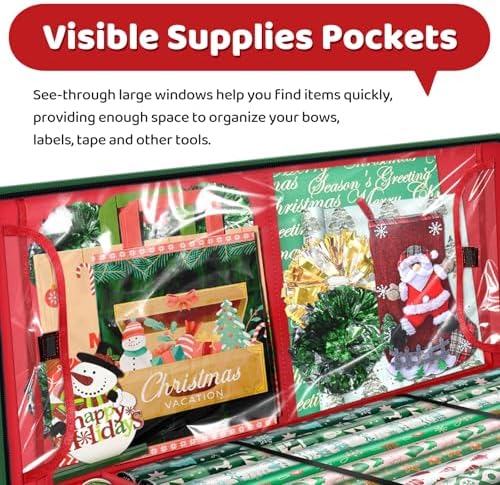 Fabspace Christmas Wrapping Paper Storage Containers, 40 Inch Gift Wrap Organizer, Visible Supplies Pockets for Xmas Accessories, Underbed Storage for Christmas Decorations, Red - Image 4