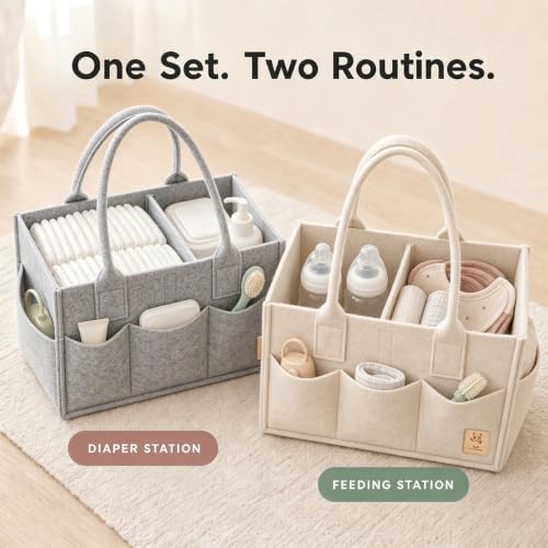HIPHOP PANDA 2-Pack Diaper Caddy Organizer - Newborn Essentials Baby Registry Must Haves - Sturdy Nursery Storage Bin & Portable Car Caddy for Diapers & Wipes - Grey/Oatmeal Gift Set - Image 2
