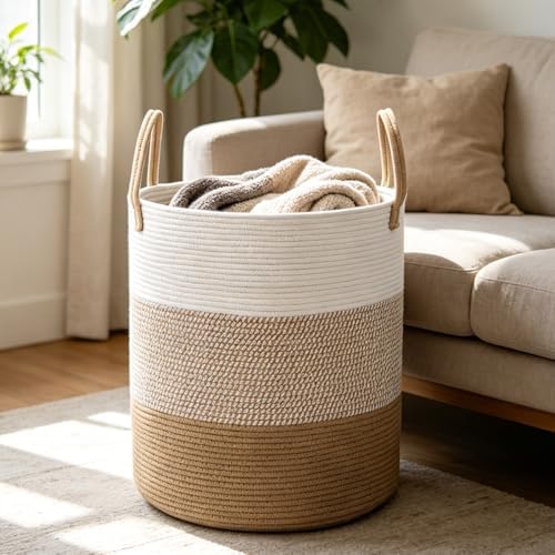 Large Laundry Hamper, Woven Rope Basket with Sturdy Handles-Yellow - Image 3