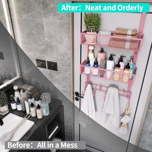 HapiRm Over The Door Hanger with Coat Hooks and 2 Baskets, Rustproof & Waterproof Pink Over The Door Hooks, Storage Organizer for Hats, Bathroom, Kitchen, Bedroom - Pink - Image 7