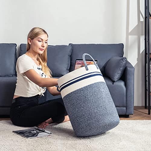 Woven Rope Laundry Hamper Basket by YOUDENOVA, 58L Tall Luandry Basket, Baby Nursery Hamper for Blanket Storage in Bedroom-Large-Blue - Image 2