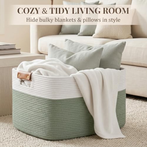 Danpinera 100L Extra Large Blanket Basket for Living Room, White&Sage Green - Image 3