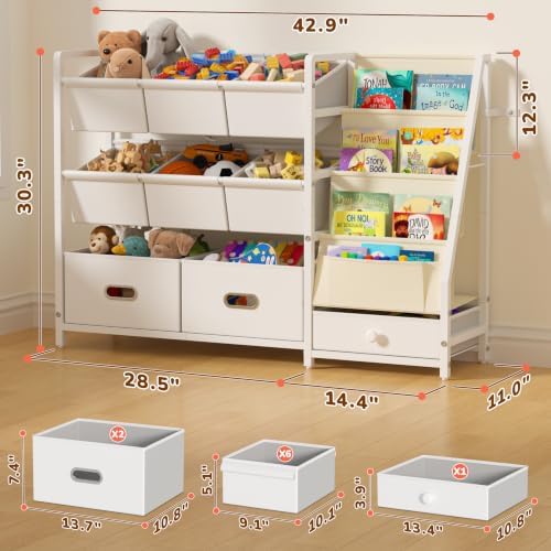 Kids Toy Storage Organizer, Kids Bookshelf and Toy Storage with 9 Bins, Montessori Toddler Bookshelf, Playroom Storage Organization, Baby Book Shelf for Kids Rooms, Nursery, White - Image 2