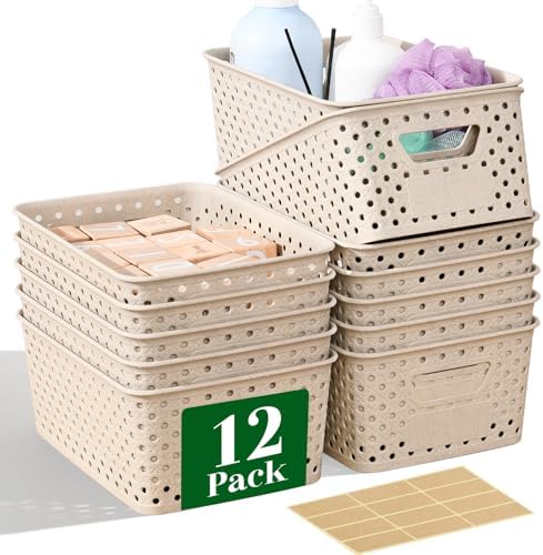 Homaigie 12 Pack Plastic Storage Baskets for Organizing, Storage Baskets for Shelves with Handles, Small Storage Bins with Labels, Classroom Storage Organization for Cabinet,Closet, Office,Natural by Unknown