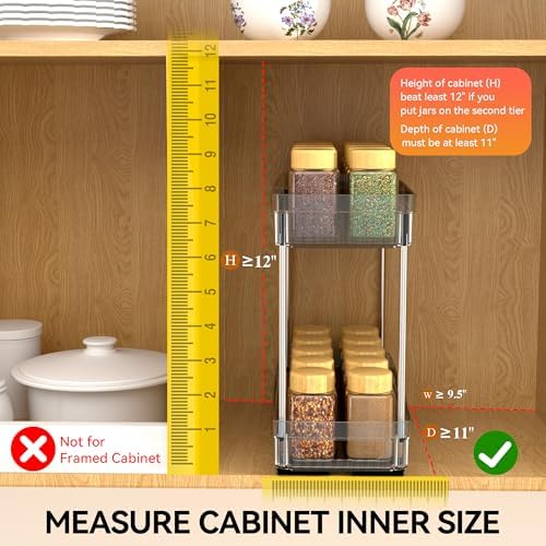 DABIGE 2 Pack Pull Out Spice Rack Organizer for Cabinet, 2 Tier Slide Out Spice Racks Organizer, Spice Cabinet Organizers, Cabinet Size Need:12'' High x 11'' Deep x 5'' Wide, Clear Acrylic - Image 5
