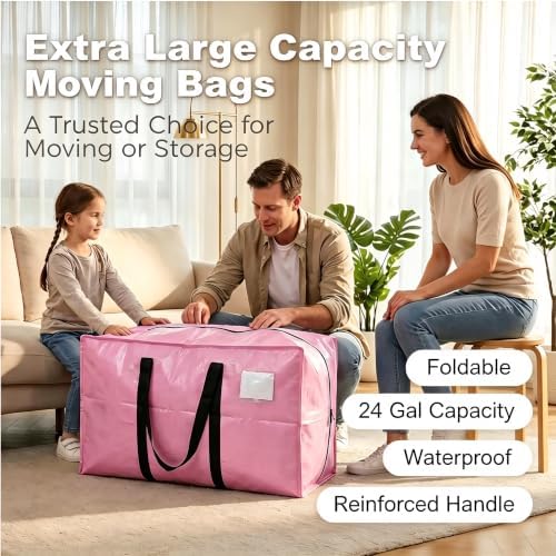 24 GAL Heavy Duty Moving Bags Pink 6 Pack - Backpack Straps & Handles, Large Zipper Storage Bags for Clothes, Water-Resistant College Dorm & Moving Essentials - Image 2