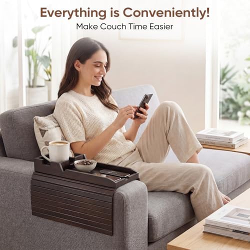 Bamboo Couch Arm Tray with Cup Holder, Sofa Armrest Table, Brown - Image 3